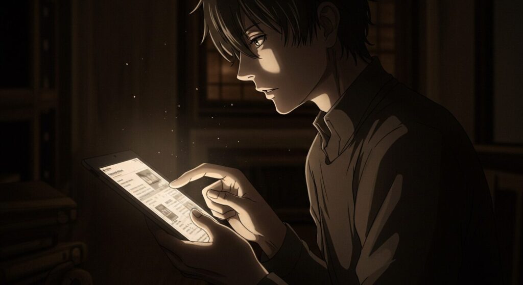 タブレットで電子書籍の試し読みをしている手元を描いたダークなアニメ調イラスト