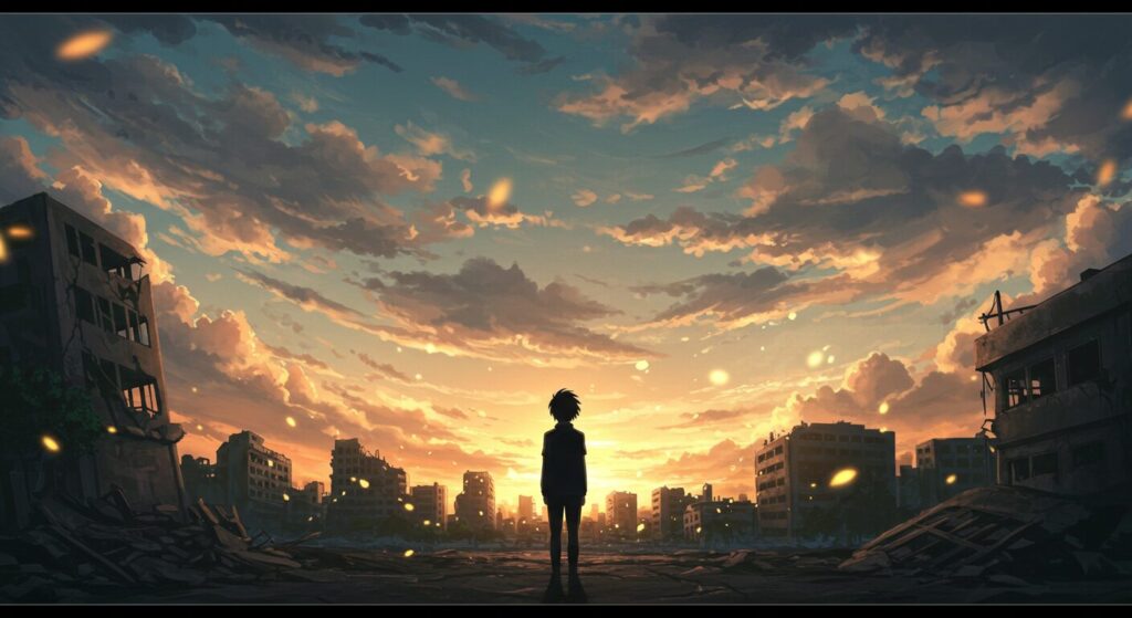 ライトノベル『さよなら世界の終わり』の物語の核心を象徴する、廃墟に佇む少年と終末的な空のイラスト