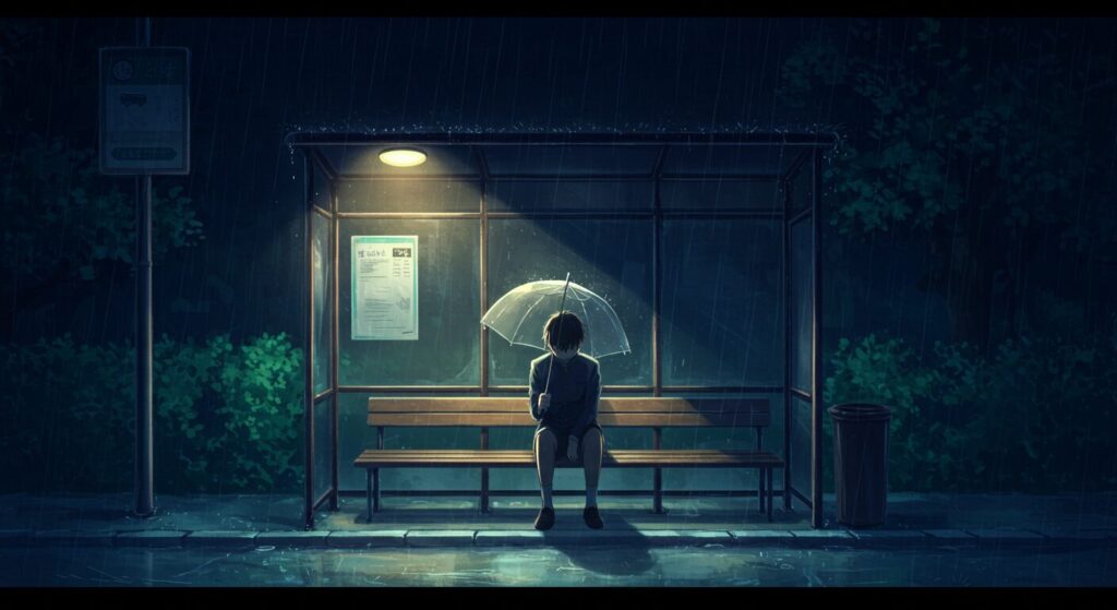 ライトノベル『さよなら世界の終わり』のテーマ「生きづらさ」を象徴する、雨の中バス停でうずくまる少年のイラスト
