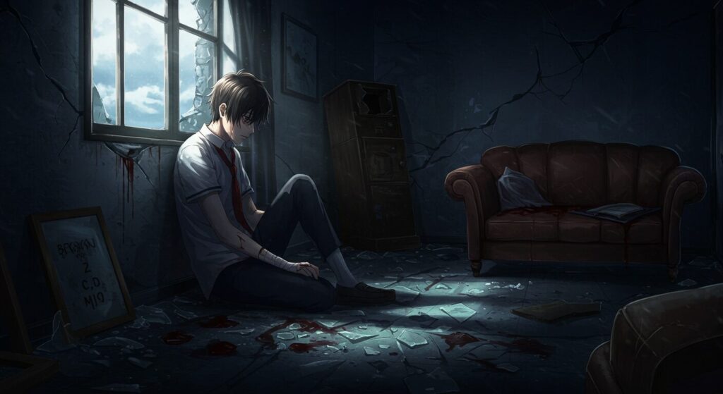 ライトノベル『さよなら世界の終わり』のテーマ「死にたいけど死ねない」という葛藤を抱える主人公・間中の苦悩を描いたイラスト
