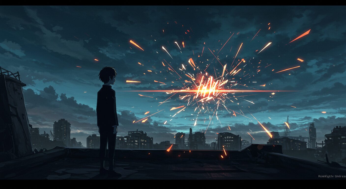さよなら世界の終わり - 未来の断片を見つめる制服姿の少年（間中）、背景には崩れた都市と不穏な空