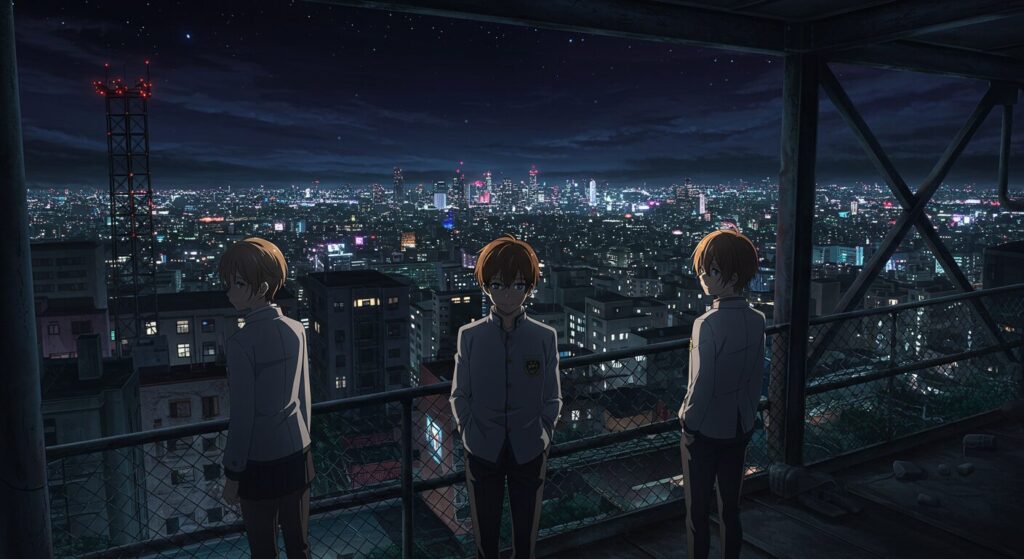 ライトノベル『さよなら世界の終わり』の中盤、運命が交錯し謎が深まる様子を三人のキャラクターで表現したイラスト