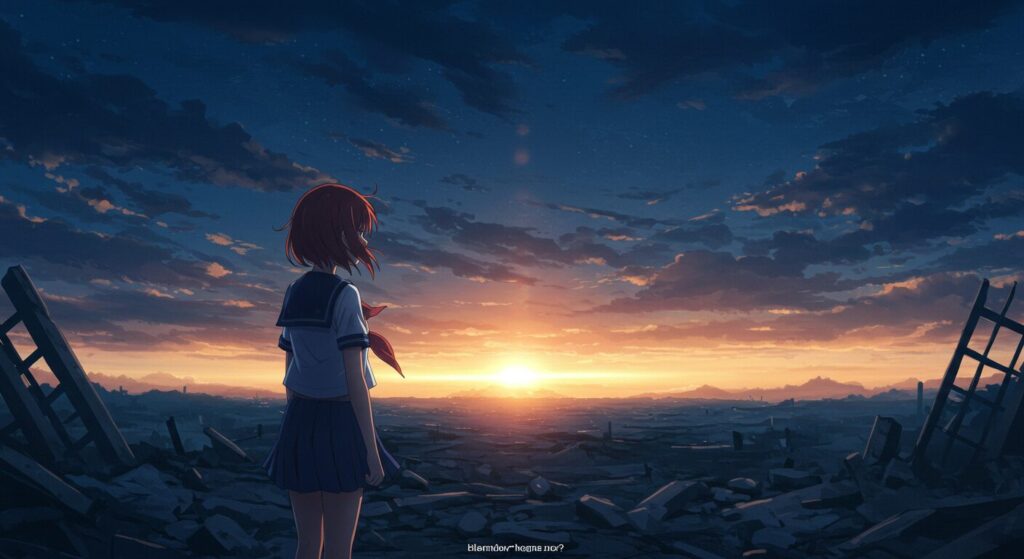 ライトノベル『さよなら世界の終わり』のテーマ「生きづらさ」と「救い」を象徴する、夜明け前の廃墟で朝日を見つめる少女のイラスト