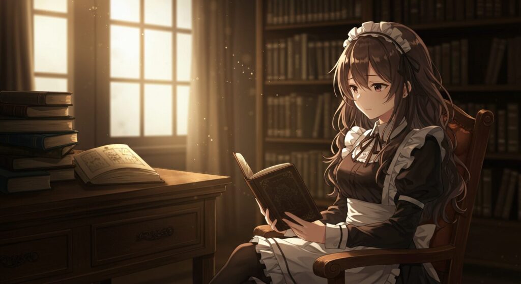 世界樹の棺のイメージ画像。薄暗い書斎で本を読むメイド服の少女(恋塚愛埋)が描かれた、神秘的でダークなアニメ調イラスト。