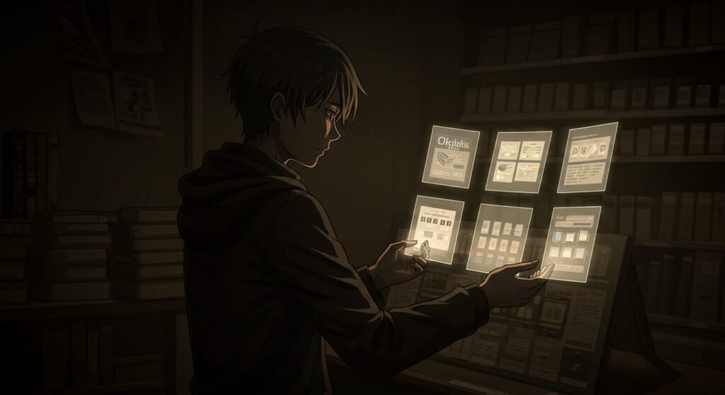 電子書籍ストア選びに迷う様子を抽象的に描いたダークなアニメ調イラスト。
