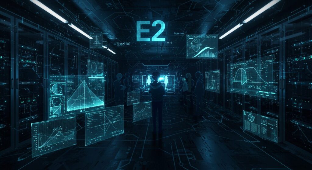 ライトノベル『青の数学』に登場する数学決闘空間「E2」をイメージした、サイバーで知的な雰囲気の空間にホログラムの数式や対戦インターフェースが浮かぶアニメ調イラスト