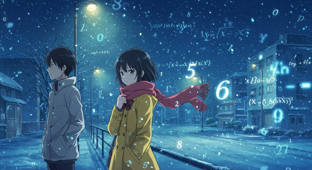 ライトノベル『青の数学』の主要キャラクター、黄色いコートの少女・京香凛と黒髪の少年・栢山が、青を基調とした背景に浮かぶ数式や幾何学模様の中に佇む、知的でクールな雰囲気のアニメ調イラスト