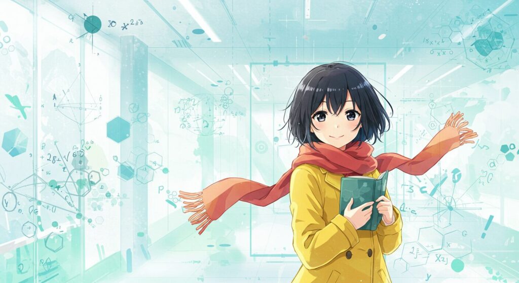 ライトノベル『青の数学』のキャラクター、黄色いコートを着た黒髪ショートの少女(京香凛風)が、明るくスタイリッシュな空間で、背景に舞う美しい数学記号や幾何学模様を眺めながら穏やかに微笑んでいるアニメ調イラスト