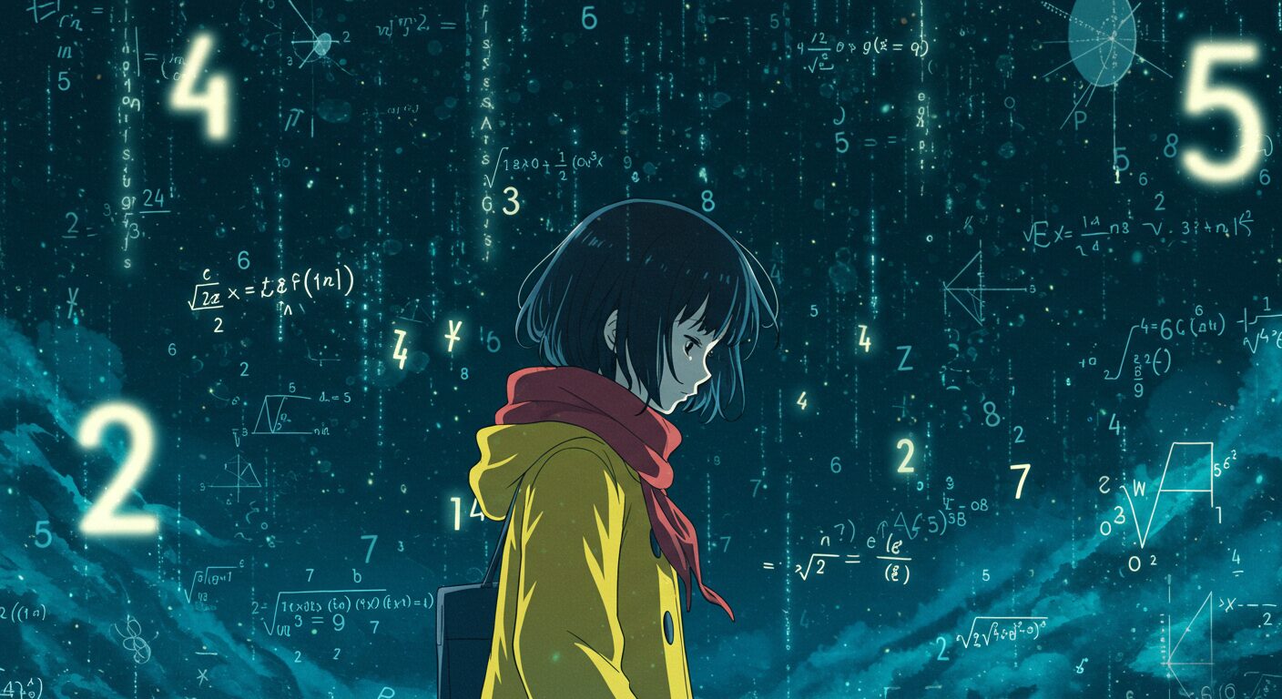 「青の数学」を象徴する、黄色いコートを着たショートヘアの女子高生（京香凛イメージ）が、青を基調とした幻想的な空間で、光る数式が雨のように舞う中、少しうつむき加減で佇むイラスト。知的でクール、ややミステリアスな青春の雰囲気