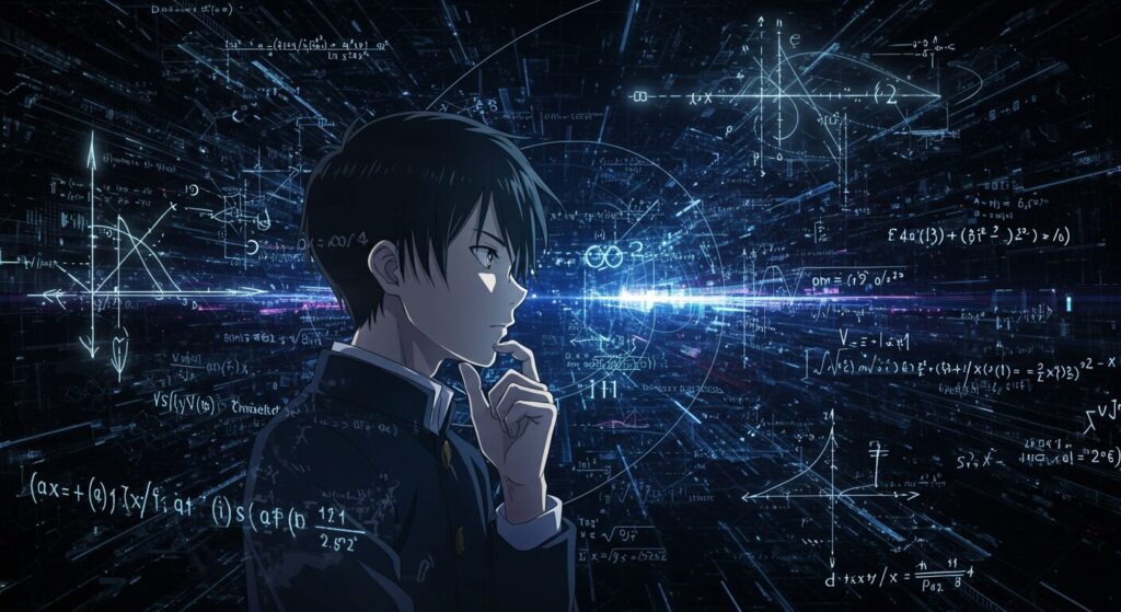 ライトノベル『青の数学』の核心的魅力を象徴する、主人公の男子高校生(栢山風)がサイバーな空間で光る数式と対峙し思考を巡らせる、情熱と知的興奮に満ちたアニメ調イラスト