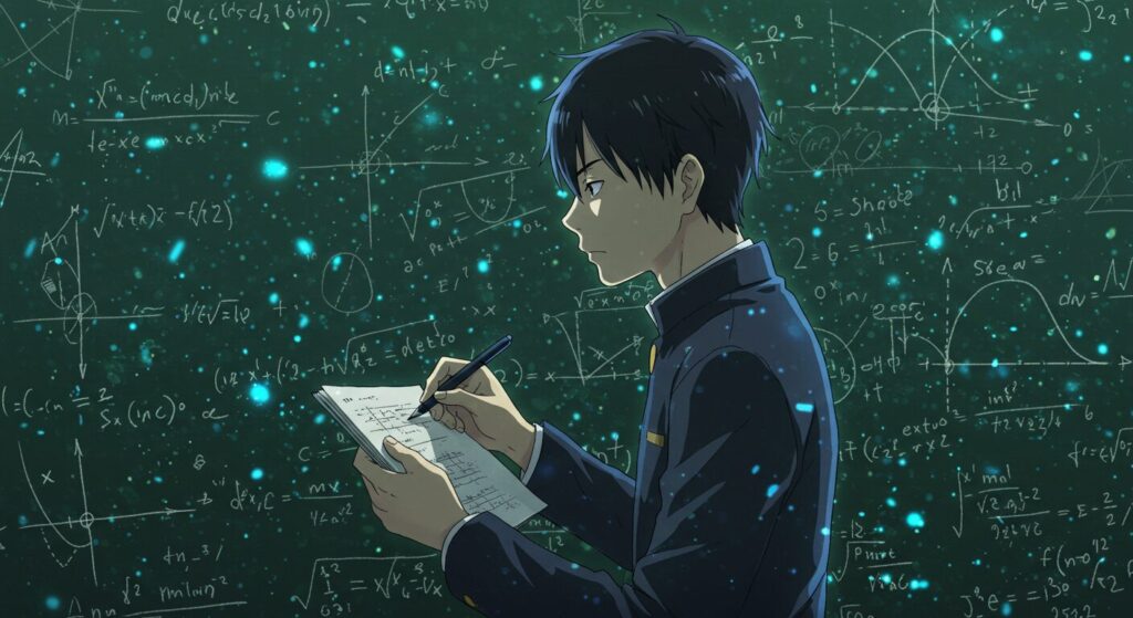 「青の数学」のテーマである「問い」と「情熱」を象徴するイラスト。黒板やノートに無数の数式が書かれる中、一人の高校生(栢山イメージ)がペンを手に深く思索にふける横顔、または情熱的に数式を書き殴る姿。背景には青い光の粒子が舞う