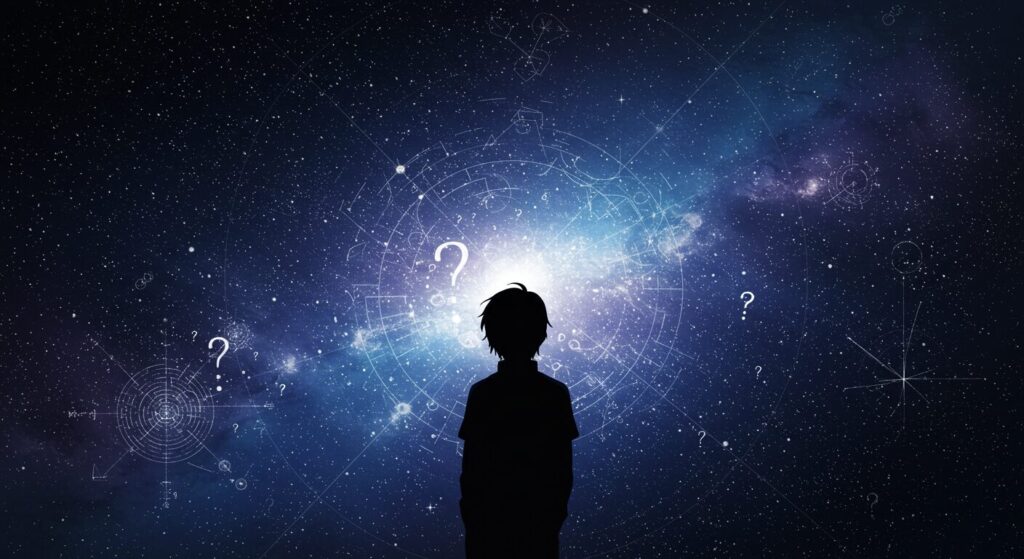 ライトノベル『青の数学』の哲学的テーマを象徴する、星空や複雑な幾何学模様が広がる宇宙的な空間で、一人の人物が深く思索にふけっているシルエットを描いた、幻想的で知的な雰囲気のアニメ調イラスト