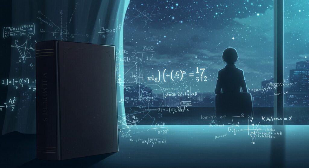 ライトノベル『青の数学』の読者の感想や評価をイメージさせる、青を基調とした知的な空間に置かれた一冊の本と、窓辺で物思いにふける人物のシルエットが描かれたアニメ調イラスト。背景には光る数式が舞う