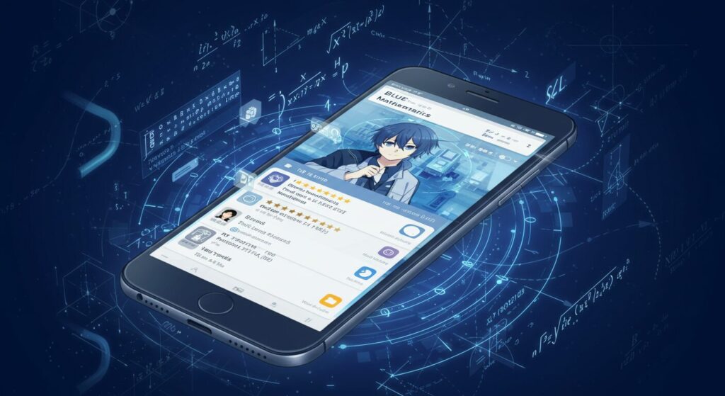 ライトノベル『青の数学』に関するSNSでの口コミや評判をイメージした、スマートフォンの画面に書評やコメントが並び、背景には作品を象徴する数学的モチーフが浮かぶ現代的でスタイリッシュなアニメ調イラスト
