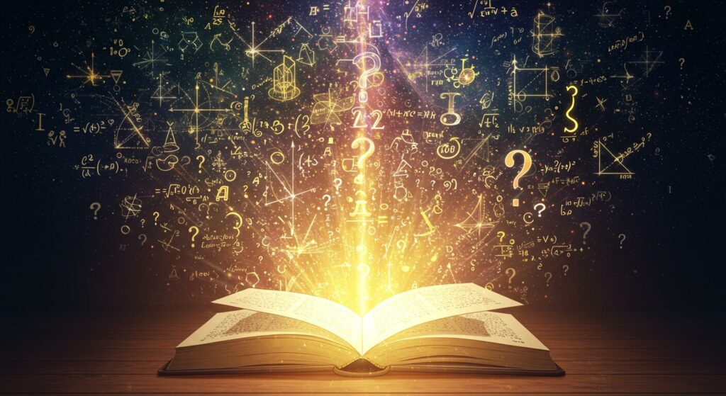 ライトノベル『青の数学』の深遠なテーマ性や作者のメッセージを象徴する、開かれた本から光と共に数式や抽象的なシンボルが無限に広がり、その先に道が見えるような、希望と探求心を感じさせるアニメ調イラスト