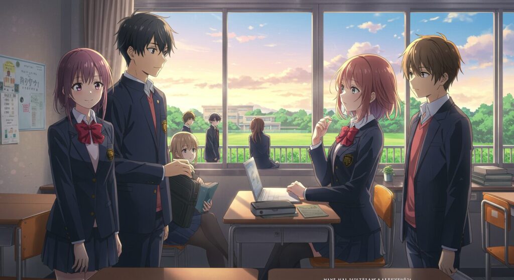 ライトノベル『青の数学』の青春ドラマを象徴する、制服姿の高校生たちが放課後の教室や校庭で語り合ったり、目標に向かって努力したりしている、爽やかで情熱的な雰囲気のアニメ調イラスト