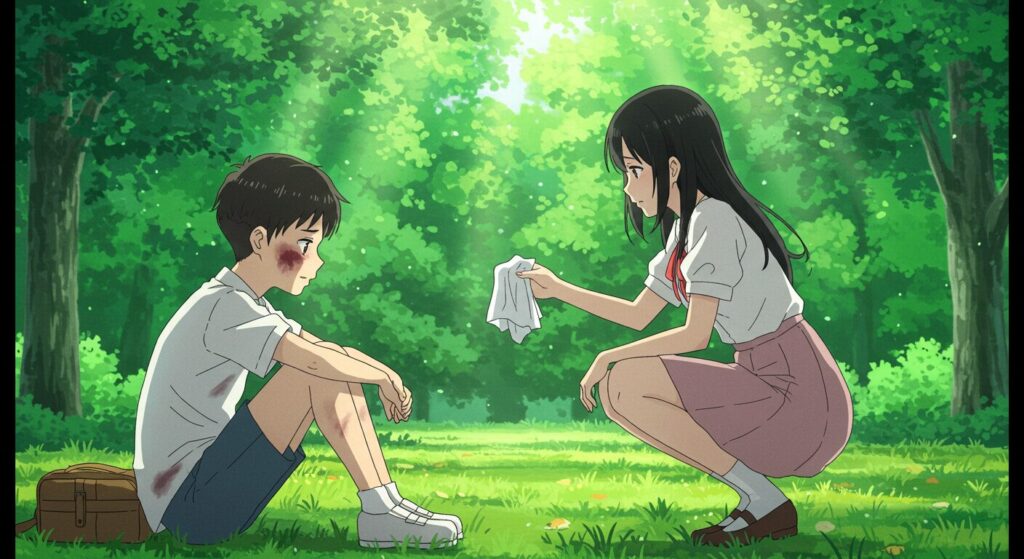 『僕が電話をかけていた場所』の名場面、小学生時代の陽介に少女時代の唯が優しくハンカチを差し出すシーン