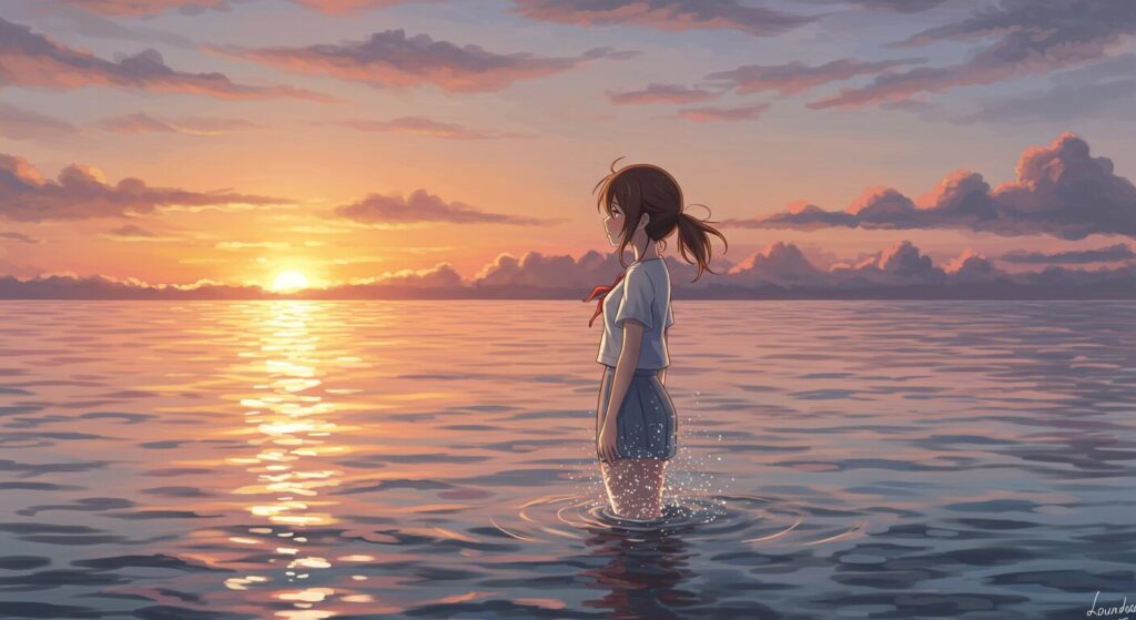 『僕が電話をかけていた場所』の登場人物、荻上千草が人魚として夜明けの海に佇む献身的なシーン