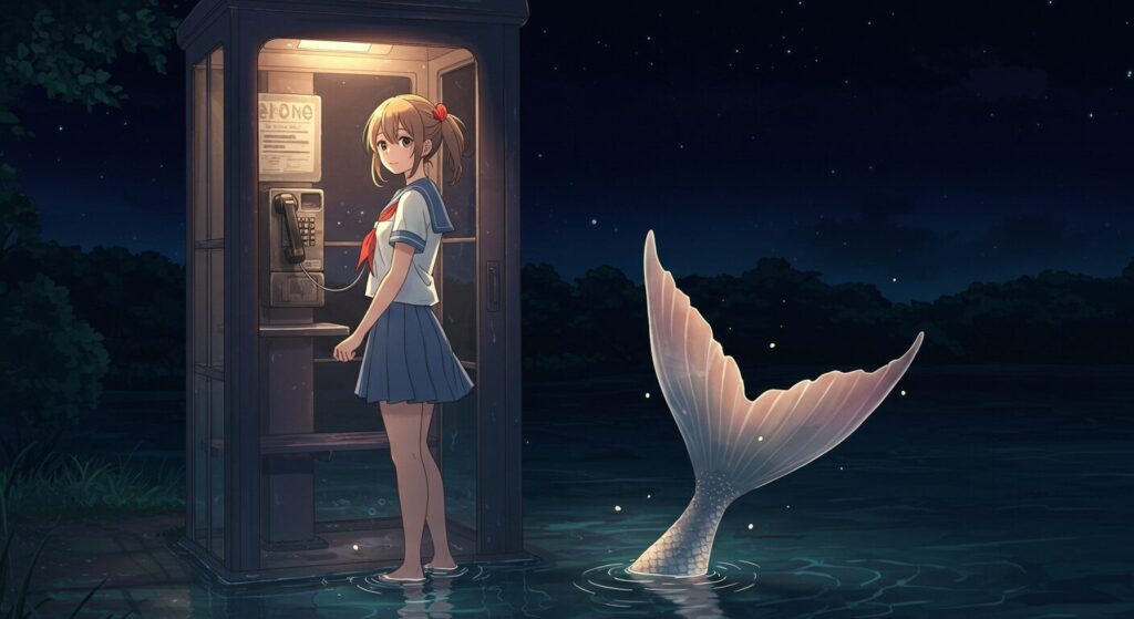 『僕が電話をかけていた場所』の登場人物、荻上千草が人魚の姿で公衆電話に立つシーン