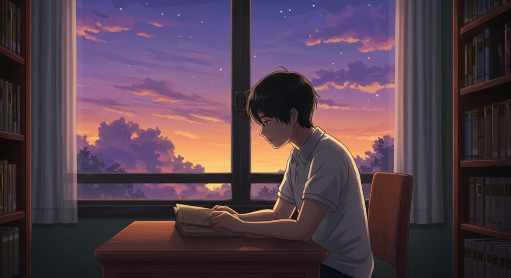 『僕が電話をかけていた場所』を象徴する、夕暮れの図書館で静かに読書をする少年