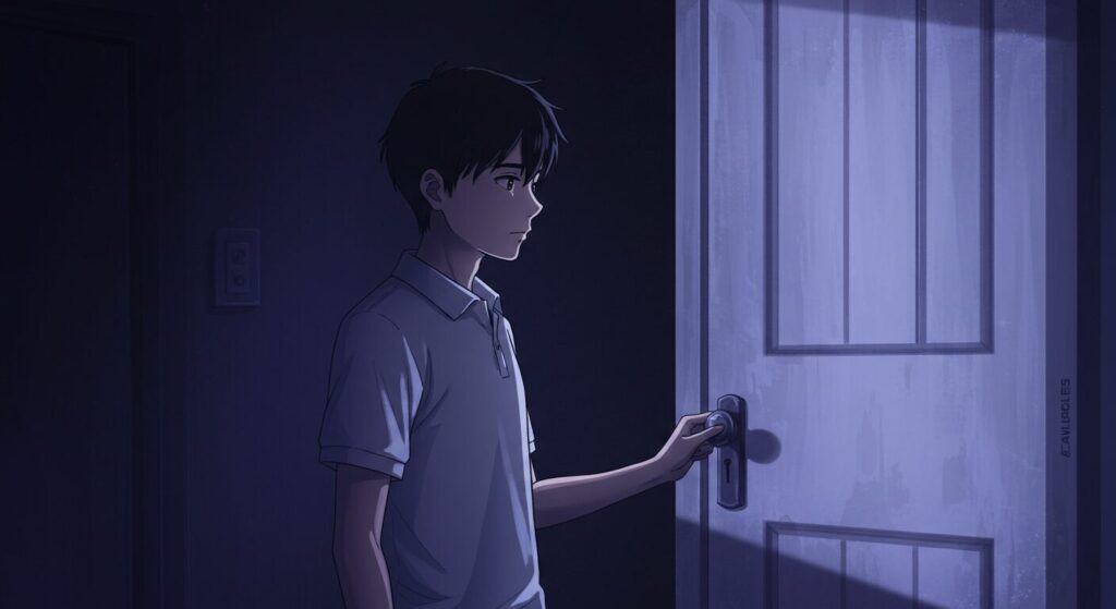 『僕が電話をかけていた場所』のあらすじを象徴する、閉ざされたドアの前に立つ主人公・深町陽介