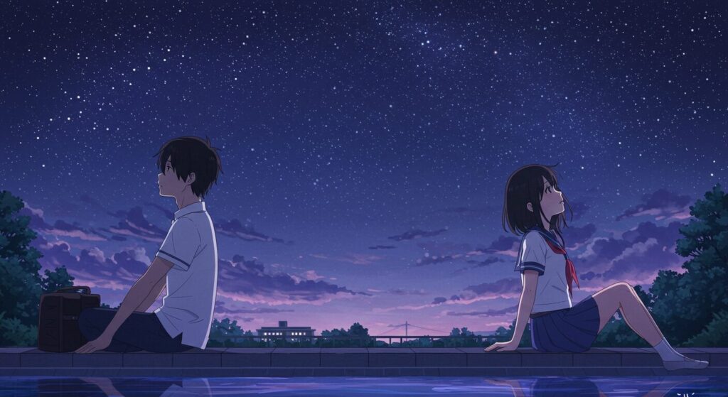 『僕が電話をかけていた場所』の登場人物、深町陽介と初鹿野唯が夏の夜空を見上げるシーン