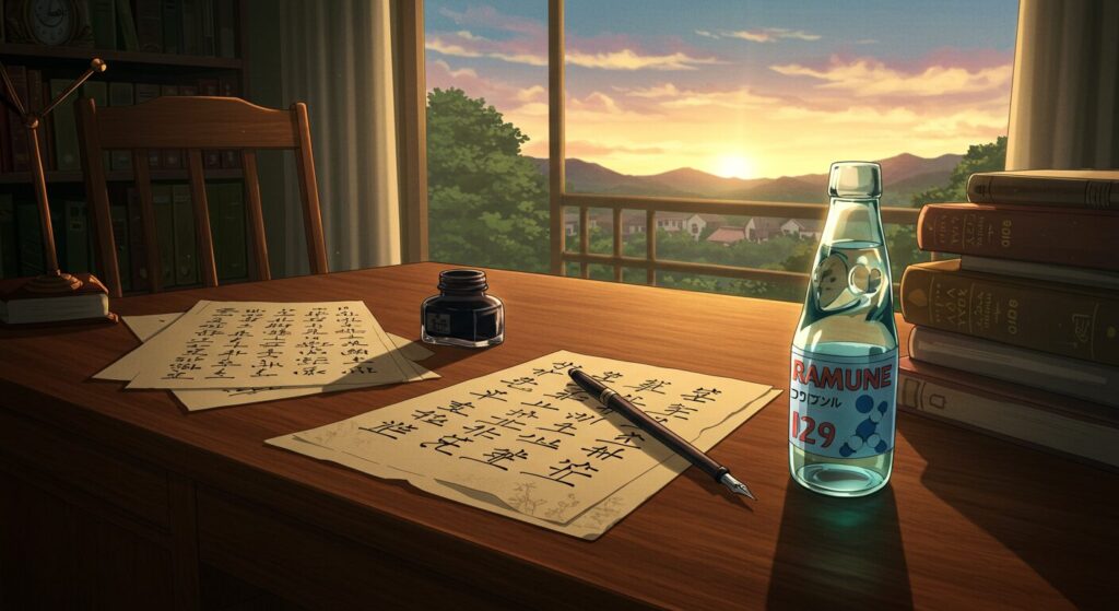 『八月の終わりは、きっと世界の終わりに似ている。』の作者情報をイメージした画像。夕暮れの書斎の机に置かれた原稿用紙と万年筆、そしてラムネ瓶が、物語が生まれる瞬間を想起させるノスタルジックなアニメ風イラスト