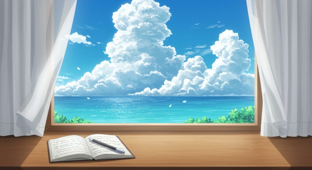 天沢夏月先生の作風をイメージしたイラスト。海が見える窓辺の机で、ノートにペンが置かれ、夏の入道雲が空に浮かんでいる、爽やかで創造的な雰囲気のアニメ風の情景