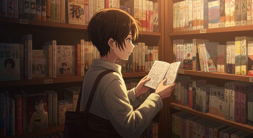 物語を読むかどうか迷っている様子を象徴するイラスト。一人の人物が本屋の棚の前で、一冊の文庫本を手に取り、静かに表紙を見つめているアニメ風の情景