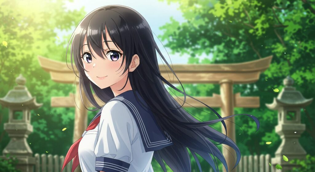 『八月の終わりは、きっと世界の終わりに似ている。』のヒロイン・透子をイメージしたイラスト。夏の光の中、セーラー服姿の黒髪ロングの少女が、儚げながらも強い意志を感じさせる表情で微笑んでいる