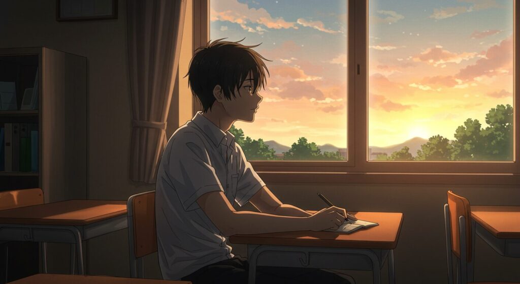 『八月の終わりは、きっと世界の終わりに似ている。』の主人公・成吾をイメージしたイラスト。夕暮れの教室で、窓の外を見つめる物憂げな表情の男子高校生