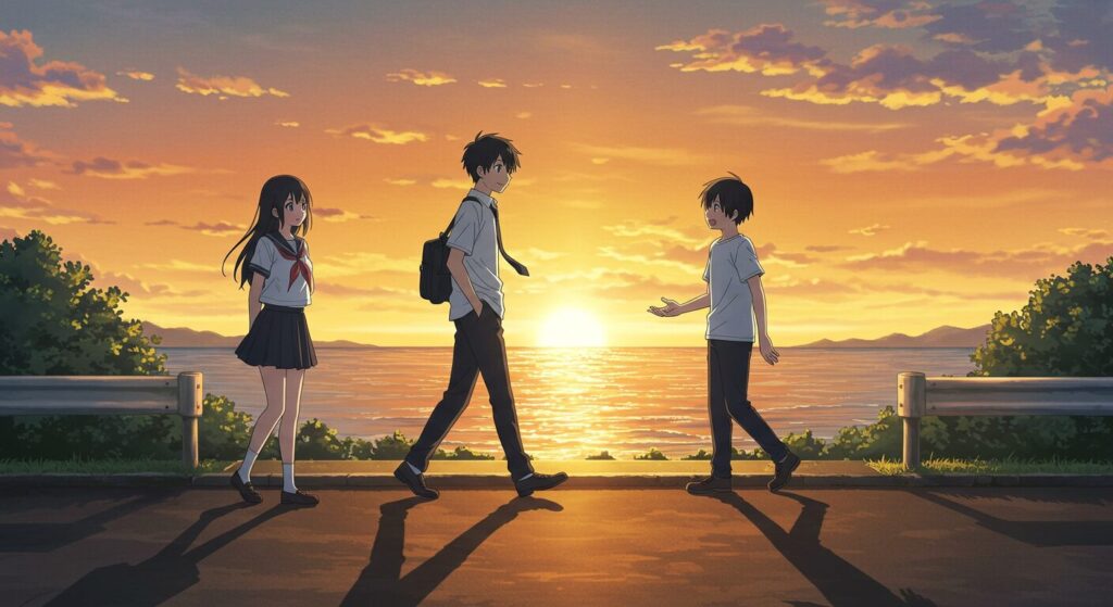 『八月の終わりは、きっと世界の終わりに似ている。』の登場人物たち。夕暮れの海沿いの道を歩く少年(成吾)、少女(透子)、そしてもう一人の少年(多仁)の三人組を描いた、青春のきらめきと切なさが感じられるアニメ風イラスト