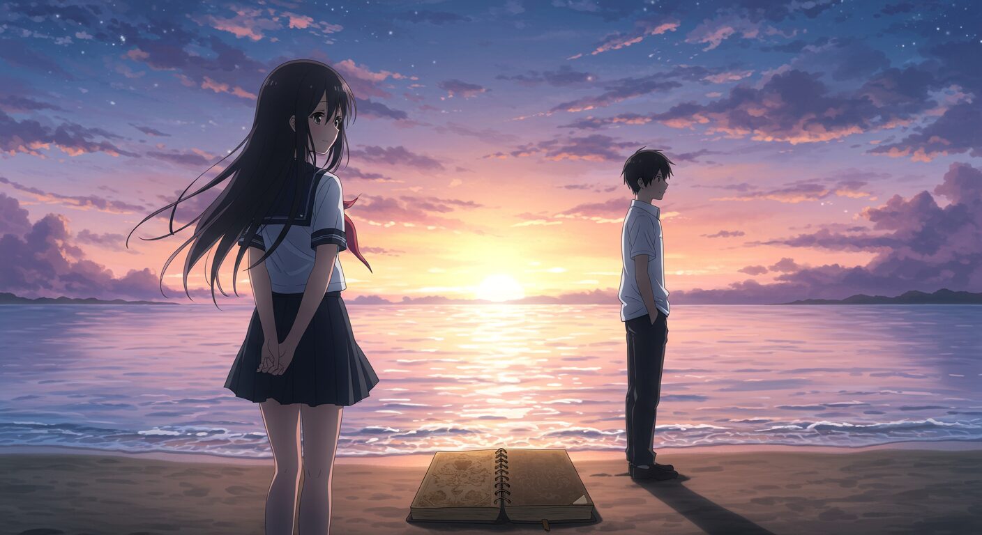 『八月の終わりは、きっと世界の終わりに似ている。』のアイキャッチ。夕暮れの海辺で、物憂げな少年（成吾）と少し透けた幻想的な少女（透子）が、交換日記を間に挟んですれ違うように立っている、切なくエモーショナルなアニメ風イラスト