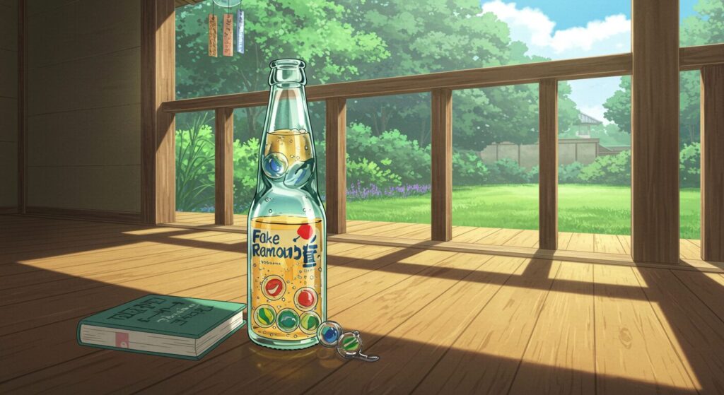 『八月の終わりは、きっと世界の終わりに似ている。』に登場する「偽ラムネ」をイメージしたイラスト。夏の縁側で、ラムネ瓶に入ったサイダーと、隣に置かれた文庫本が描かれている、爽やかでノスタルジックなアニメ風の情景