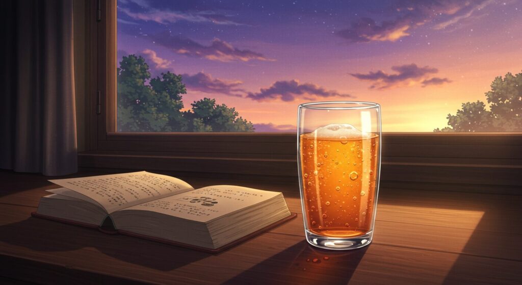 『八月の終わりは、きっと世界の終わりに似ている。』の感想・評判をイメージした汎用画像。夕暮れの部屋の窓辺で、開かれた本とサイダーのグラスが置かれ、読後の余韻を感じさせるノスタルジックなアニメ風イラスト