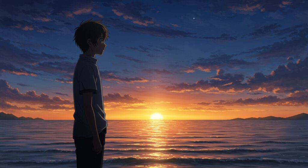 『八月の終わりは、きっと世界の終わりに似ている。』の主人公・成吾の再生を象徴するイラスト。夕暮れの海辺に一人で立つ少年が、静かな決意を秘めた表情で水平線を見つめているアニメ風の情景
