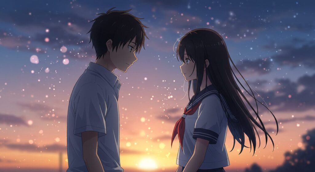 『八月の終わりは、きっと世界の終わりに似ている。』の二人の絆を象徴するイラスト。夕暮れの光の中、少年(成吾)と少女(透子)が穏やかな表情で見つめ合っている、温かくも切ないアニメ風の情景