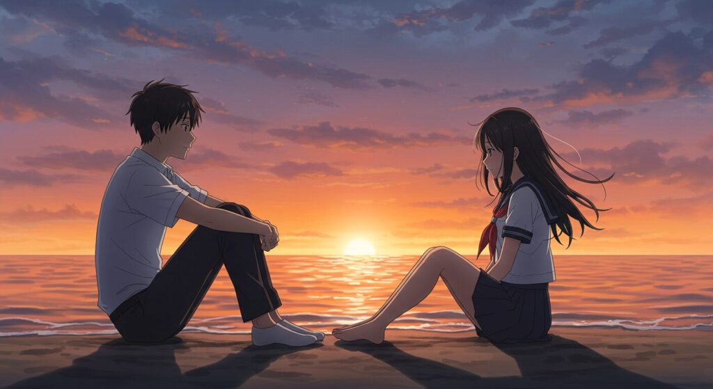 『八月の終わりは、きっと世界の終わりに似ている。』の感動を象徴するイラスト。夕暮れの海辺の砂浜に隣り合って座る少年(成吾)と少女(透子)。静かに海を見つめる彼の横顔を、彼女が優しく見守っている、切なくも美しいアニメ風の情景