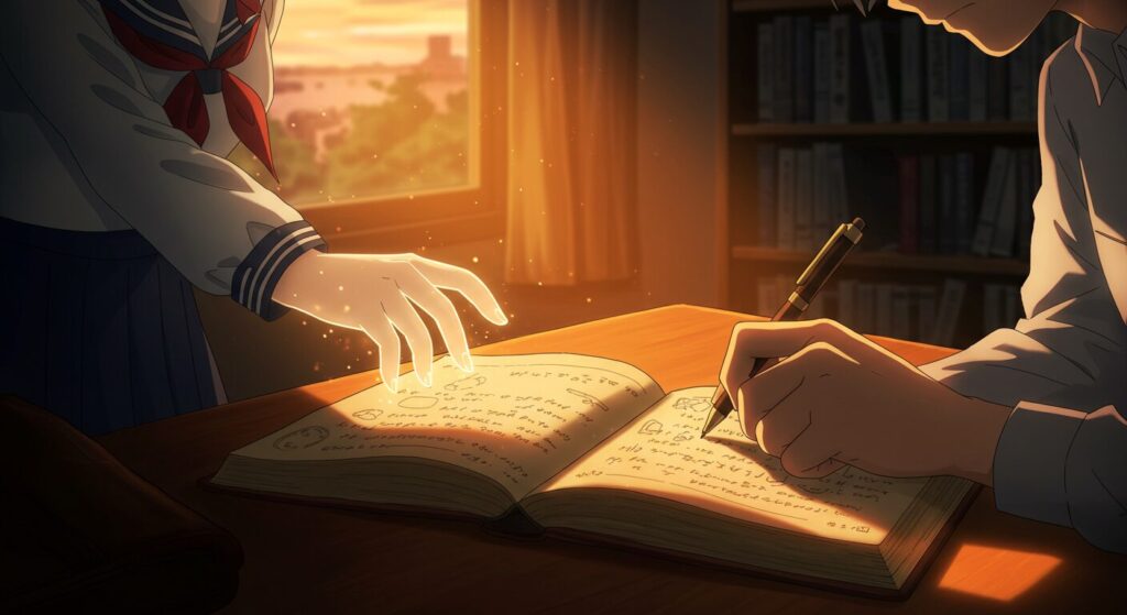 『八月の終わりは、きっと世界の終わりに似ている。』のSF要素を象徴するイラスト。夕暮れの図書室の机の上で、開かれた交換日記に現代の少年の手と過去の少女の幻想的な手が同時に文字を綴っている、ノスタルジックで不思議なアニメ風の情景