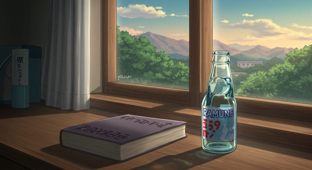 『八月の終わりは、きっと世界の終わりに似ている。』のまとめを象徴するイラスト。夏の終わりの夕暮れ時、窓辺に置かれた読み終えた本とラムネ瓶が、物語の深い余韻を感じさせるアニメ風の情景