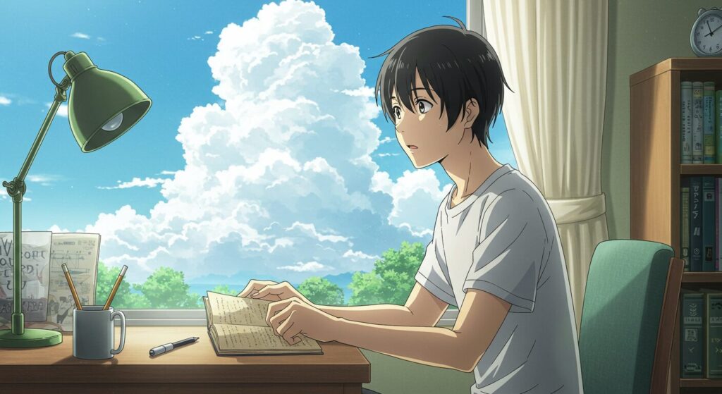 『八月の終わりは、きっと世界の終わりに似ている。』のあらすじを象徴するイラスト。夏の光が差し込む部屋で、少年(成吾)が古い交換日記を手に取り、物思いにふけっている、ノスタルジックなアニメ風の情景