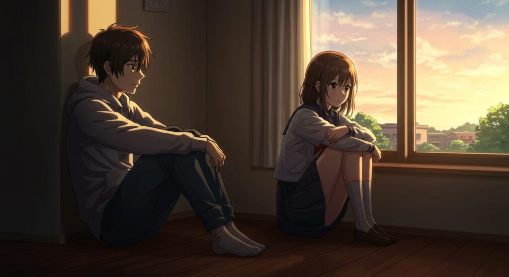 夕日の差す部屋で、それぞれ物思いにふける青年(湯上瑞穂)と少女(霧子)。『いたいのいたいの、とんでゆけ』の二人の関係性を象徴するイラスト