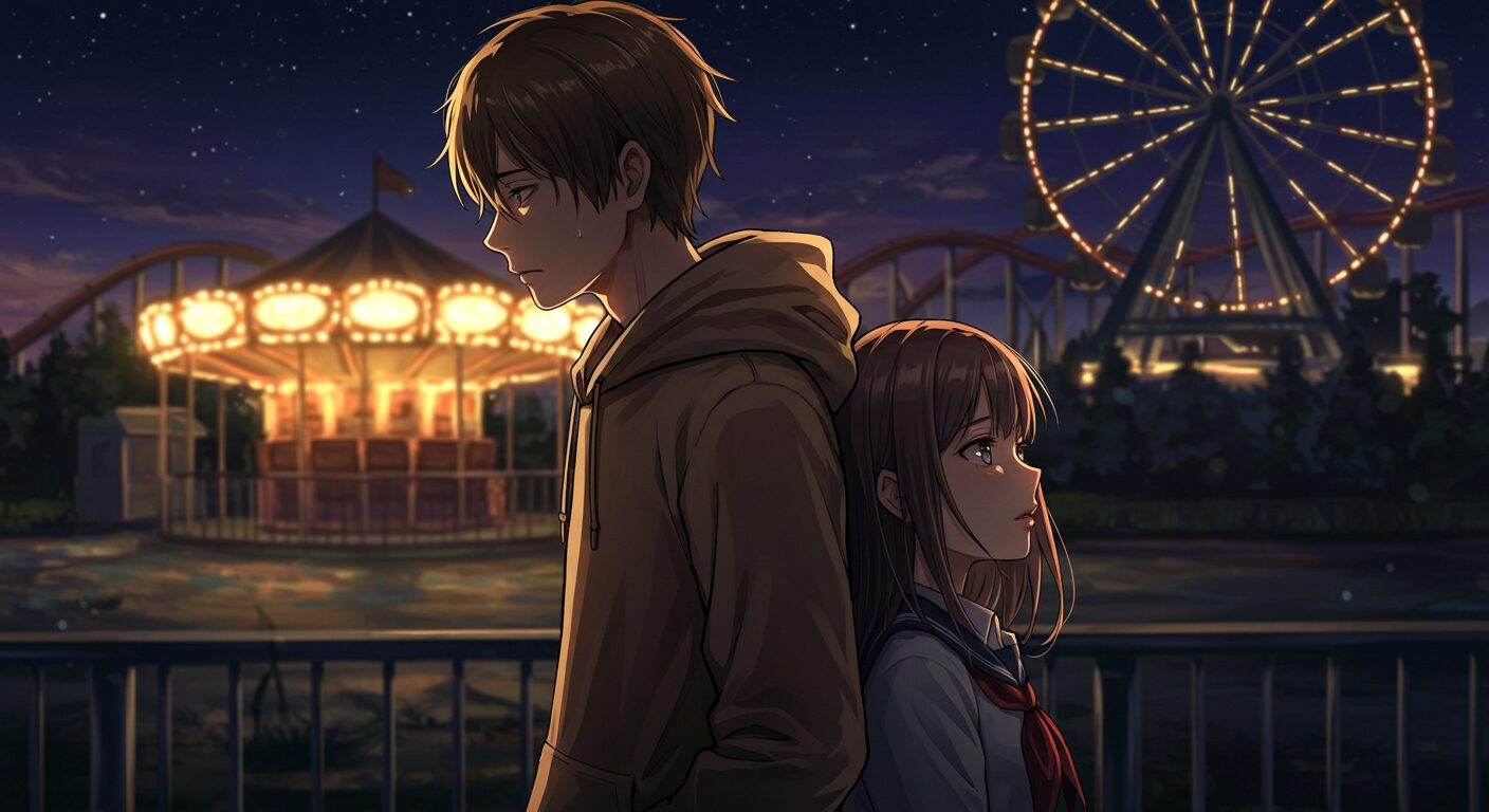 夜の遊園地を背景に、物憂げな表情の青年（湯上瑞穂）と儚げな少女（霧子）が背中合わせに佇む、切なくも美しい雰囲気のイラスト