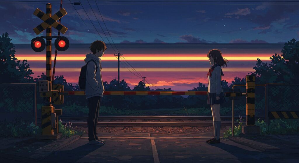 夕暮れの踏切で向かい合う青年と少女。『いたいのいたいの、とんでゆけ』の運命的な出会いを象徴するイラスト