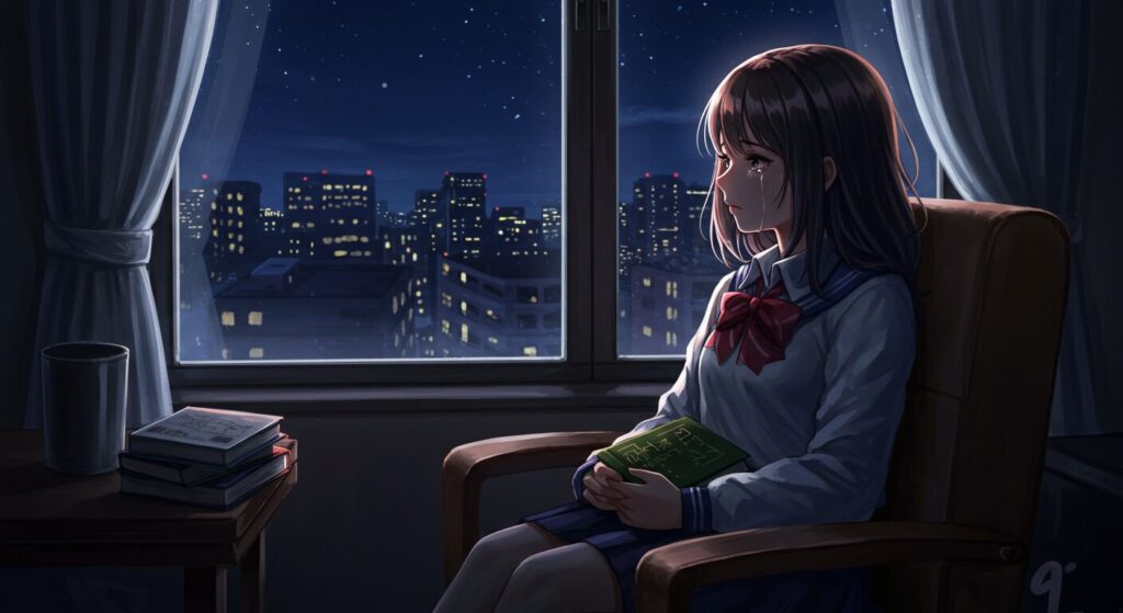 読み終えた本を膝に置き、涙を浮かべて夜景を眺める少女。『いたいのいたいの、とんでゆけ』を読んだ後の感動の余韻を表すイラスト