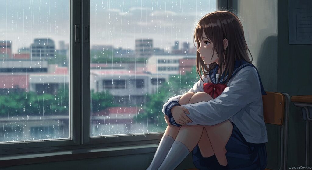 雨の日の教室で、一人窓の外を眺める少女(霧子)。彼女の孤独と悲しみを表現したイラスト