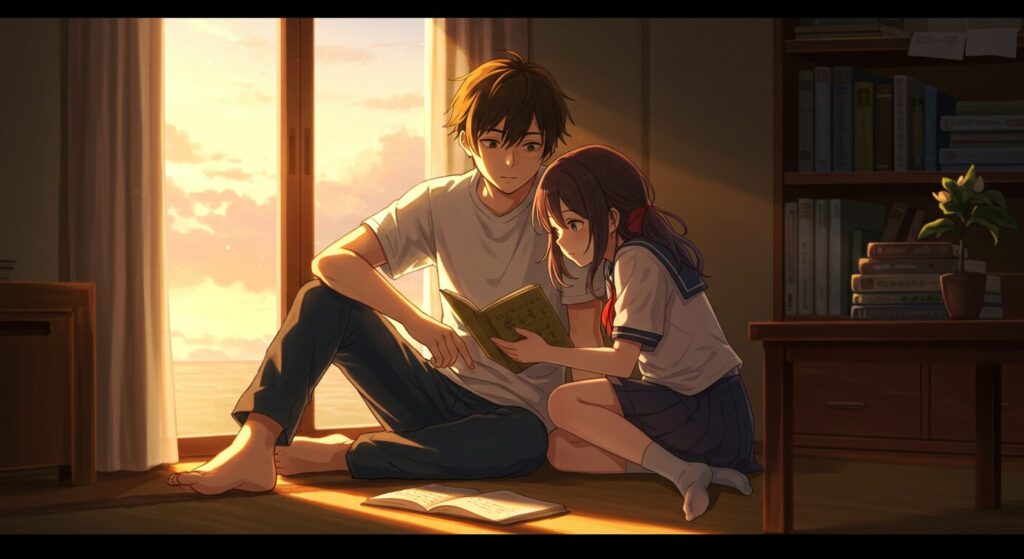 部屋の中で寄り添い、一緒に本を読む青年と少女。『いたいのいたいの、とんでゆけ』の二人の絆を象徴する穏やかなイラスト
