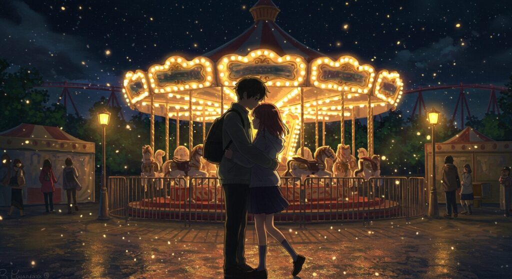 夜の遊園地で抱きしめ合う青年と少女。『いたいのいたいの、とんでゆけ』の感動的なラストシーンを象徴するイラスト