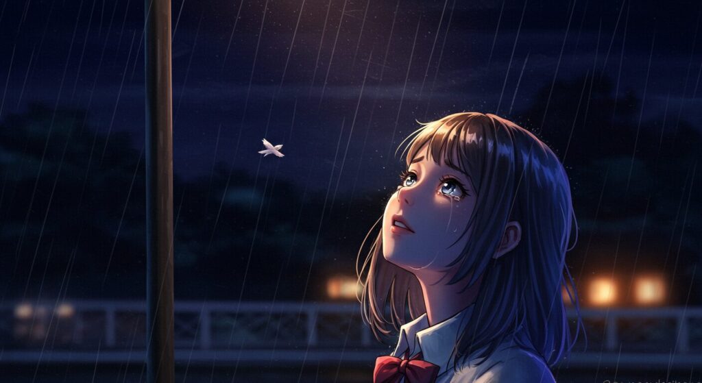 夜の街灯の下で、涙を浮かべながら空を見上げる少女。『いたいのいたいの、とんでゆけ』がもたらす感動を象徴するイラスト