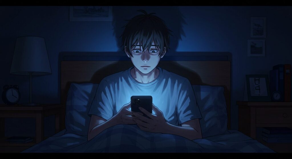 夜の部屋で、スマートフォンの画面を見つめる青年。『いたいのいたいの、とんでゆけ』のSNSでの反響をイメージしたイラスト